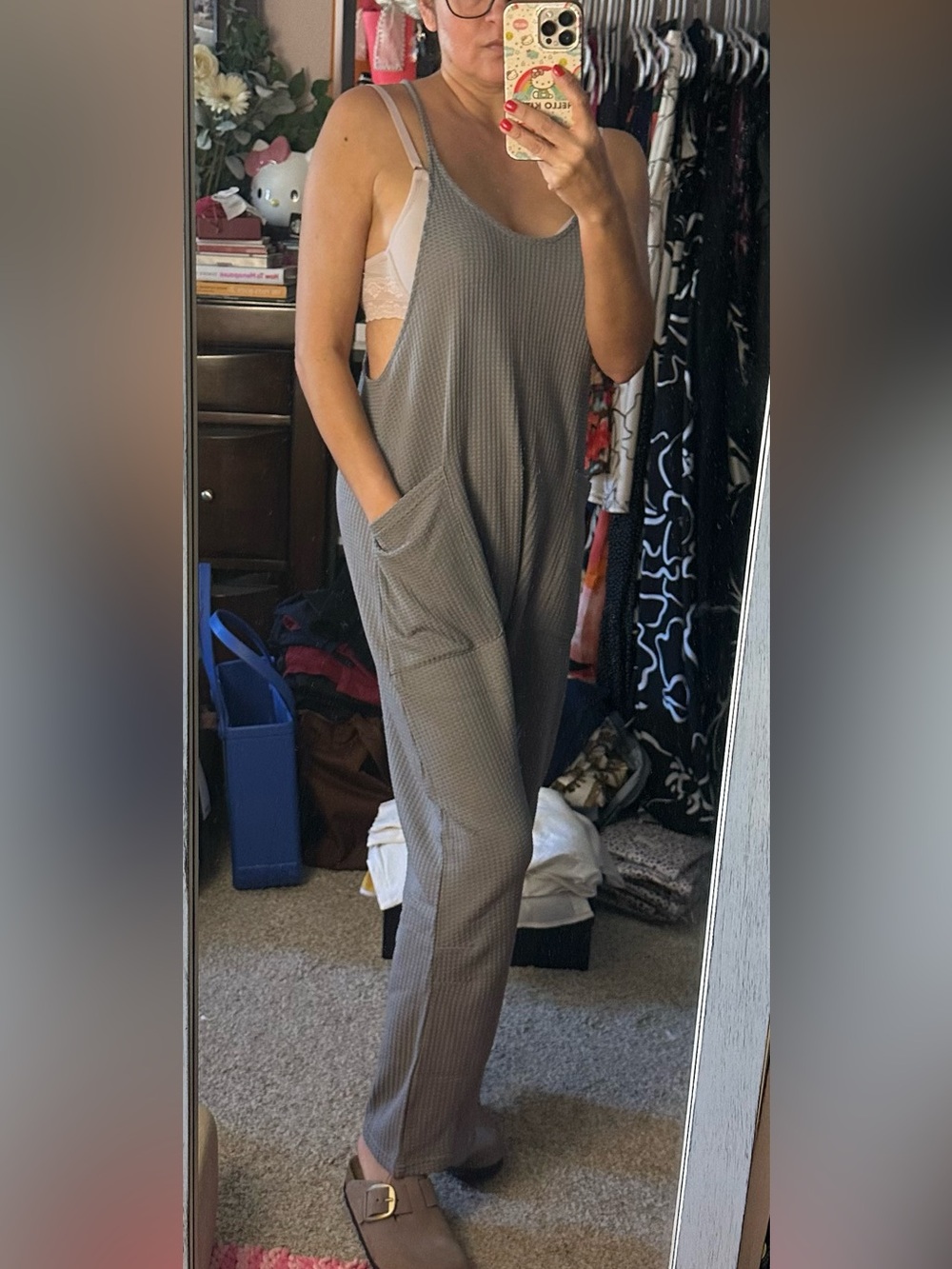 Pink Lily Gray Waffle-Knit Relaxed Jumpsuit with Pockets